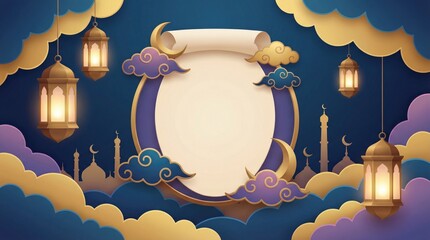 A beautifully rendered, elegant background featuring a central scroll-like frame with ample copy space, perfect for custom text or design elements. The scene is richly decorated with a layered, paper-