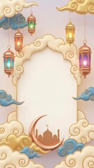 A beautifully rendered illustrative background featuring an elegant, ornate archway frame, perfect for custom text or product display. The scene is adorned with intricate golden and cream-colored swir