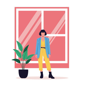 Woman standing with plant in front of pink window