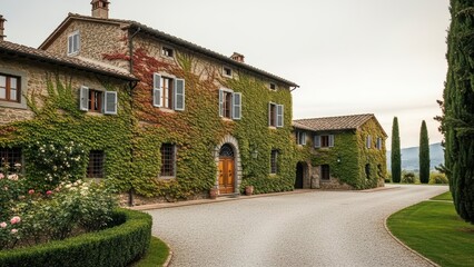 Charming italian villa with lush green ivy on rustic stone walls and quiet gravel pathway at sunset