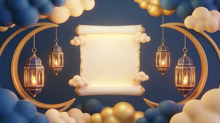 A captivating 3D rendered scene featuring an elegantly unfurled blank scroll, softly glowing with warm light and framed by ethereal, fluffy clouds in shades of cream, gold, and deep blue. Two intricat