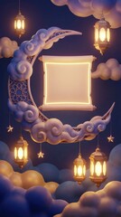 A captivating 3D rendered scene features a majestic crescent moon, elegantly adorned with intricate patterns and soft, ethereal clouds, set against a deep indigo night sky. Glowing lanterns with ornat