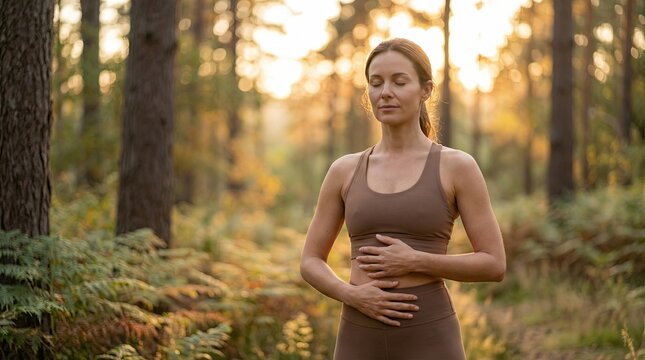 Fitness woman yoga breathing for wellness concept. A woman practicing mindfulness in a serene forest setting.