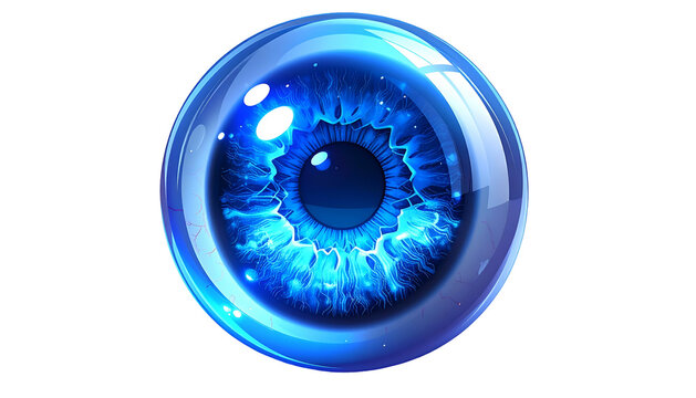 A luminous, stylized blue eye, rendered in a glossy, spherical form against a black background