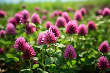 Red clover flowers thriving in a field of green plants under natural light