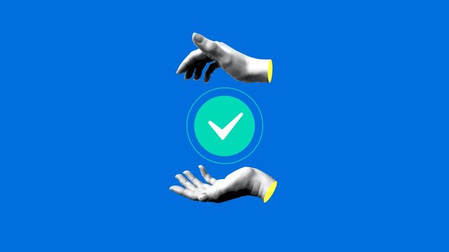 Human hands protect the quality mark. Automation of labor. Quality guarantee. Pulsating green check mark. Insurance concept. Collage animation