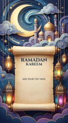 A captivating digital illustration in a layered paper-cut style, featuring a prominent, unrolled scroll ready for customizable text, displaying the greeting "RAMADAN KAREEM". The intricate background 