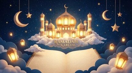 A captivating digital illustration showcases a majestic golden architectural structure, reminiscent of traditional places of worship, gracefully situated on soft clouds under a serene, star-filled nig