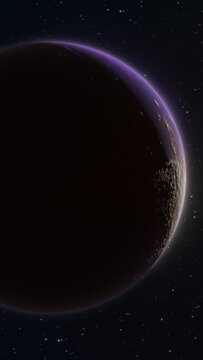 Dark planet with violet rim light and drifting asteroid dust in deep space, cinematic eclipse scene with stars and copy space
