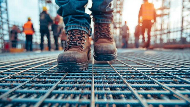 Low angle shot of a construction worker in heavy boots walking on a steel rebar grid at a building site during sunset, concept of industrial labor and site safety