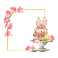 Obraz premium Watercolor Easter frame with festive cake decorated with bunny ears and pink bow on a stand. Beautiful spring pink tulips and golden egg. Holiday invitation or greeting card template on white.