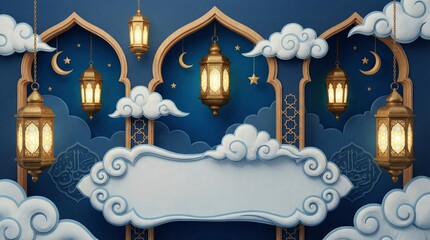 A captivating scene featuring traditional illuminated lanterns, set against a rich, deep blue background reminiscent of a serene night sky. Golden decorative archways frame the composition, adorned wi