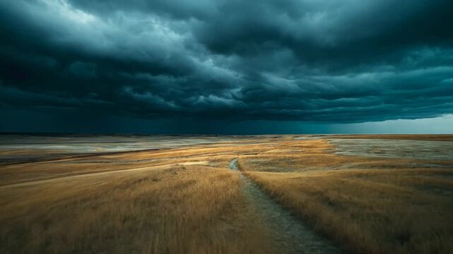 A dark and ominous storm cloud looms over a vast dry grassy plain landscape.
