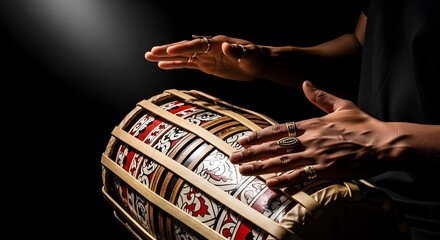 Macro Shot of Hands Playing a Traditional Sri Lankan Yak Bere Drum in Cinematic Light