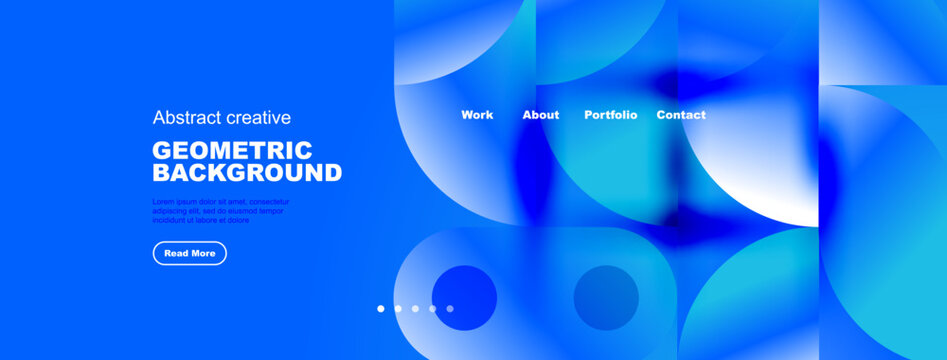 Bright blue website mockup displays geometric shapes, text, navigation menu. Modern design promotes creativity, portfolio access.