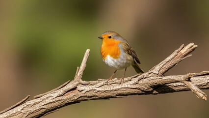 Fototapeta premium Vibrant european robin perched on tree branch in natural habitat with soft blurred green background