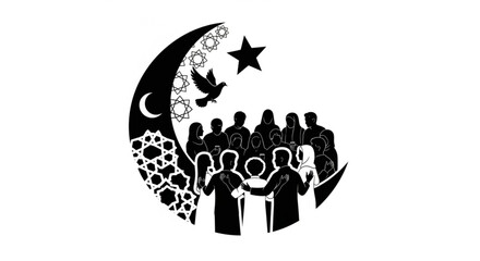 Fototapeta premium Diverse group of people gathering under crescent moon and star symbolizing unity peace and cultural celebration in minimalist black and white illustration