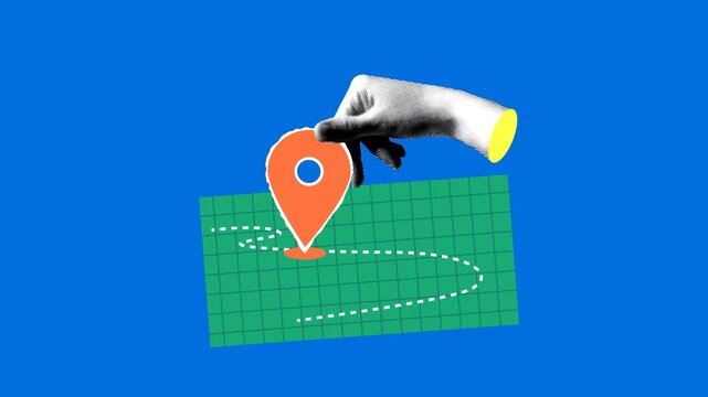 Halftone hand moves a navigation sign. Red location pin symbol with road. Destination sign on the map. Travel and delivery concepts. Collage animation