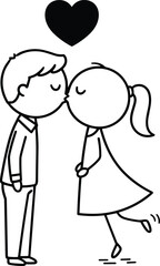Obraz premium Cute line art illustration of young couple kissing under heart symbol simple romantic love doodle vector design style black white