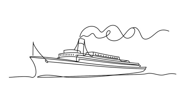 Black vintage steamship with smoke coming from a smokestack.Continuous one line drawing on white.