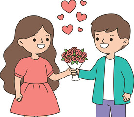 Cute romantic couple exchanging flower bouquet with hearts expressing love affection relationship valentine flat vector illustration modern colorful style design