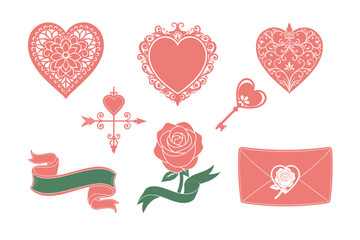 Vintage Victorian Valentine Heart Cupid Floral Silhouette Elements Bundle