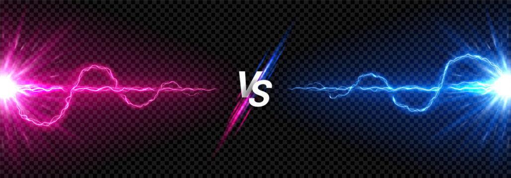 Versus banner with glowing thunderstorm effect. VS screen with bright lightning rays colored blue and pink. Bolt energy collision isolated on dark checkered background. Lightning shock versus concept.