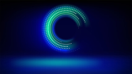 Futuristic technology stage blue background. Round green dotted led, neon glow. Abstract background for displaying products, presentation, advertising. Tech backdrop. Showcase. Vector