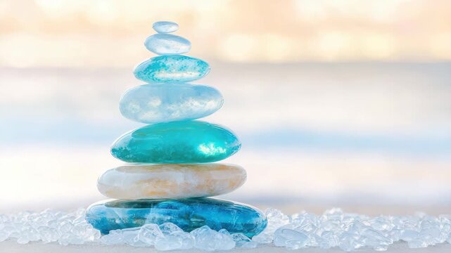 Zen Stones Tower at Seaside: A serene tower of sea glass pebbles stands balanced along the coastline, with the peaceful ocean gently rippling in the background. Capturing a sense of harmony. 