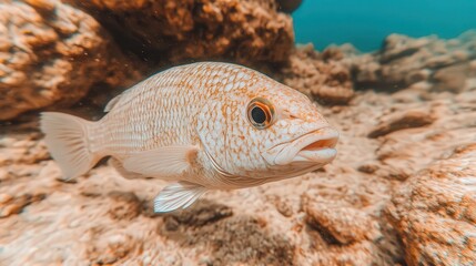 A close-up shot of a vibrant fish swimming in clear blue water amidst rocky underwater terrain, Ideal for marine biology projects, educational materials, or aquatic-themed designs,