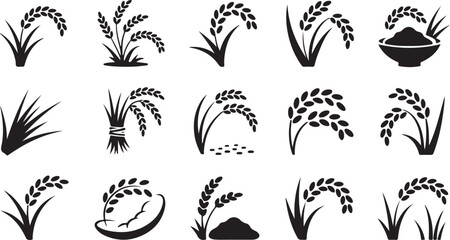 Fototapeta premium A varied set of black silhouette icons depicting rice plants, grains, and prepared food items