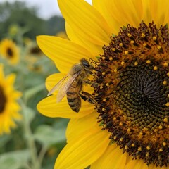 Close up macro of busy honeybee collecting pollen from vibrant yellow sunflower bloom