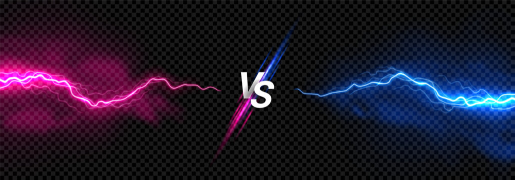 Epic versus concept with thunderstorm effect. VS banner with bright lightning rays colored blue and pink. Bolt energy collision isolated on dark checkered background. Lightning shock versus concept