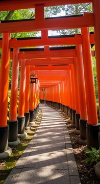 Vibrant Orange Torii Gates Line a Serene Path at Fushimi Inari Shrine in Kyoto Japan.