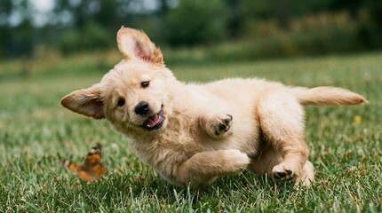 Joyful golden retriever puppy playfully chases a butterfly through green grass