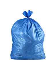 Fototapeta premium Full blue trash bag filled with garbage, tied closed, isolated on transparent background