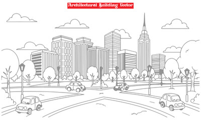 Naklejka premium Architectural City Skyline Vector | Urban Street Building Line Art Coloring Page