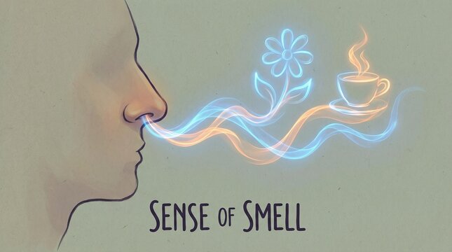 Nose with abstract waves for olfaction concept. Illustration depicting the sense of smell with swirling scents.