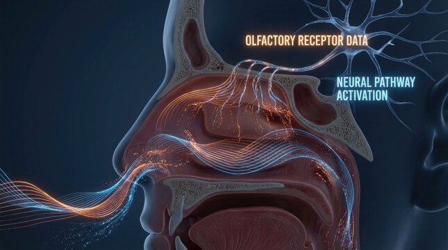 Nose with abstract waves for olfaction concept. Illustration of the human olfactory system and sensory pathways.