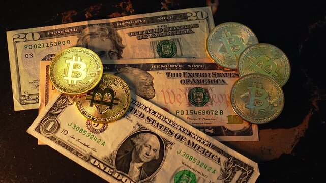 Bitcoin BTC coin with 100 dollars bills. Digital crypto coin and cryptocurrency. Investments for the investor. Concept of exchange market and online trading. Trading in bull and bear markets