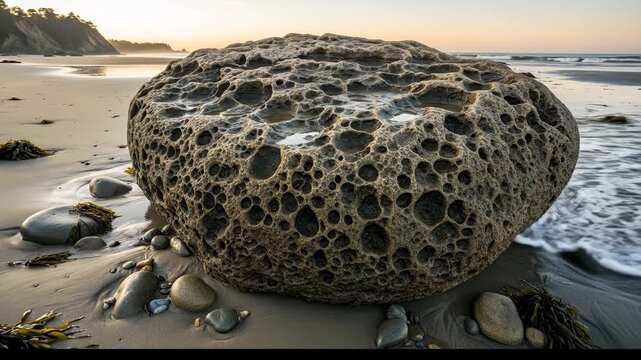 Large tafoni rock formation on a sandy beach at sunset.