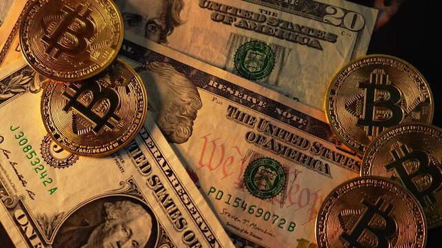 Bitcoin BTC coin with 100 dollars bills. Digital crypto coin and cryptocurrency. Investments for the investor. Concept of exchange market and online trading. Trading in bull and bear markets