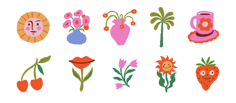 Vector whimsical illustrations in hand drawn doodle imperfect edges and wavy shapes, abstract dopamine art decor, naive art, flowers 