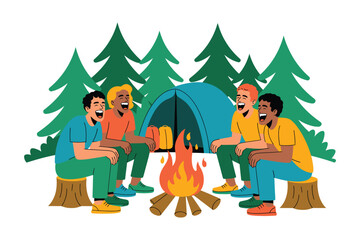 Naklejka premium A group of friends sitting around a campfire in a forest, enjoying a night of camping and outdoor adventure together.