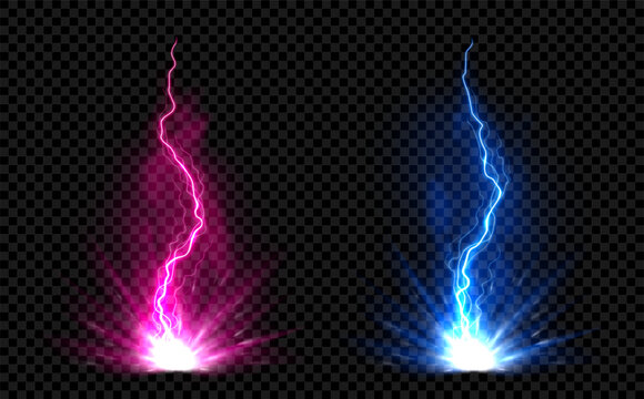 Vibrant rays of lightning coming from energy burst. Vector illustration with pink and blue energy lightning and fog isolated on checkered background. Powerful dynamic lightning flows.