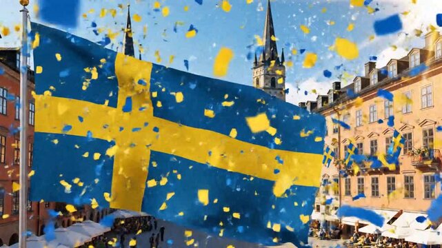 Swedish National Celebration with Flag Waves and Confetti in a Historic City Square
