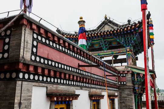 Tal Temple Xining - Traditional Tibetan Buddhist Architecture with Prayer Flags