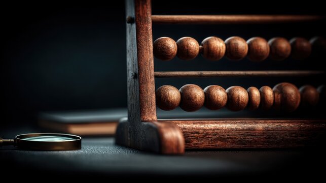 Close-up of a wooden abacus with smooth, worn beads and rods, showcasing traditional calculation methods