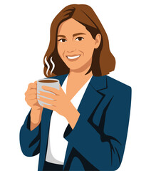 A smiling businesswoman enjoying a cup of coffee in a professional setting