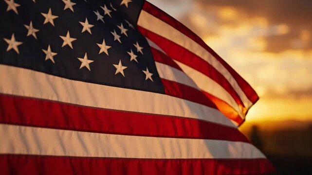 Americana Pride Flag Waves at Sunset Celebrating Patriotism and Freedom Amid Golden Horizon
